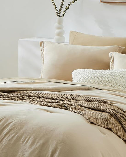 WRENSONGE Oversized Queen Comforter Set - 7 Pieces Beige Bed in a Bag Queen with Sheets, 2 Pillow Shams, and 2 Pillowcases- Warm Bedding Sets Queen for All Season