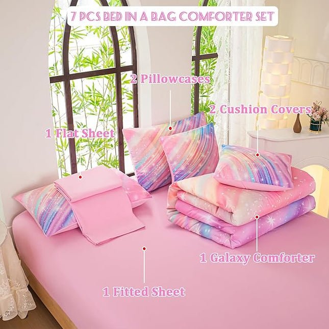 Twin Comforter Set for Girls Galaxy Bedding 7pieces, Ombre Bedding Comforter Sets Rainbow Comforter, Twill Pink