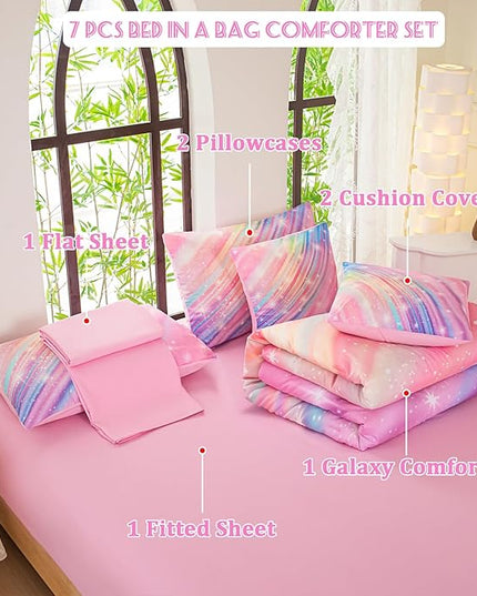Full Comforter Set for Girls Galaxy Bedding 7pieces, Ombre Bedding Comforter Sets Rainbow Comforter, Twill Pink