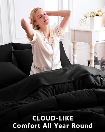 CozyLux Full Size Comforter Sets Black, 7 Pieces Bed in a Bag, Black Comforter Full Size, All Season Bedding Sets with Stitch Quilted Comforter, Flat Sheet, Fitted Sheet, Pillowcases