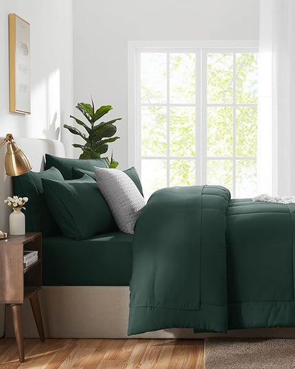 CozyLux King Size Comforter Set Forest Green, 7 Pieces Bed in a Bag, Green Comforter King Size, All Season Bedding Sets with Stitch Quilted Comforter, Flat Sheet, Fitted Sheet, Pillowcases