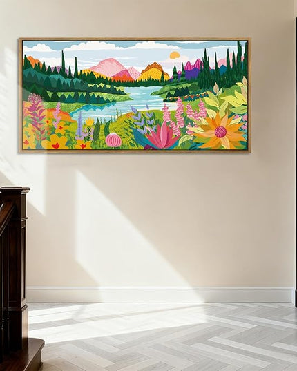 ANHUIB Large Colorful Wall Art 20x40 Inch Framed Abstract Floral Wall Decor Forest Woodland Painting Muticolor Mountain Range Illustration for Living Room Dining Room Bedroom