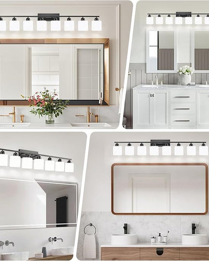 8 Light Black Bathroom Light Fixtures Over Mirror for Big Mirror, Modern Bathroom Lighting with Milky White Frosted Glass Shades,51 inch Lights for Vanity for Mirrors, E26