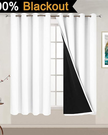 Yakamok Pure White 100% Blackout Curtains Energy Saving Thermal Insulated 2 Thick Layers Completely Blackout Drapes with Black Liner for Bedroom (52Wx54L, Pure White, 2 Panels)