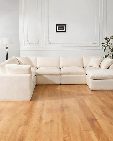 Sectional Couches for Living Room, 139 Inch Oversized Boneless Couch Modern Modular Couch 7 Seater Chenille Corner Sofa with Moveable Ottoman and 3 Throw Pillows, Beige