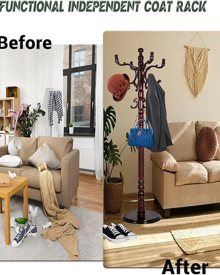 73" Wooden Coat Rack Stand,Coat Racks Freestanding With 14 Hooks And Solid Round Base Heavy Duty Adjustable Height Hall Tree Coat Rack for Entryway Hallway Foyer Office Bedroomf (Red sandalwood)
