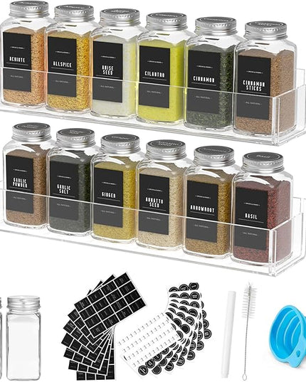 PMMASTO Adhesive Acrylic Spice Rack Organizer with 12 Empty Square Spice Jars, 238 Spice Labels with Chalk Marker and Funnel Complete Set for Kitchen Cabinet/Pantry Door (Clear - 2 Pack)