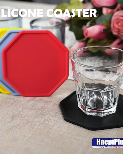 6 Pieces Silicone Coasters, Octagon Shape Hot Cup Mat for Drinks, Heat Resistant Glass Cushion, Coffee Coaster for Table, Desk, Kitchen, Office, Bar Protection (Black)