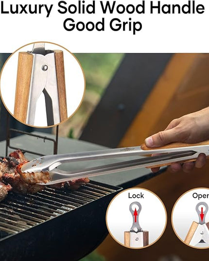 18-Inch Long Stainless Steel BBQ Tongs with Extended Luxurious Acacia Handle – Durable and Easy-to-Clean Grilling Tool for Cooking, Kitchen Use, and Outdoor Barbecues
