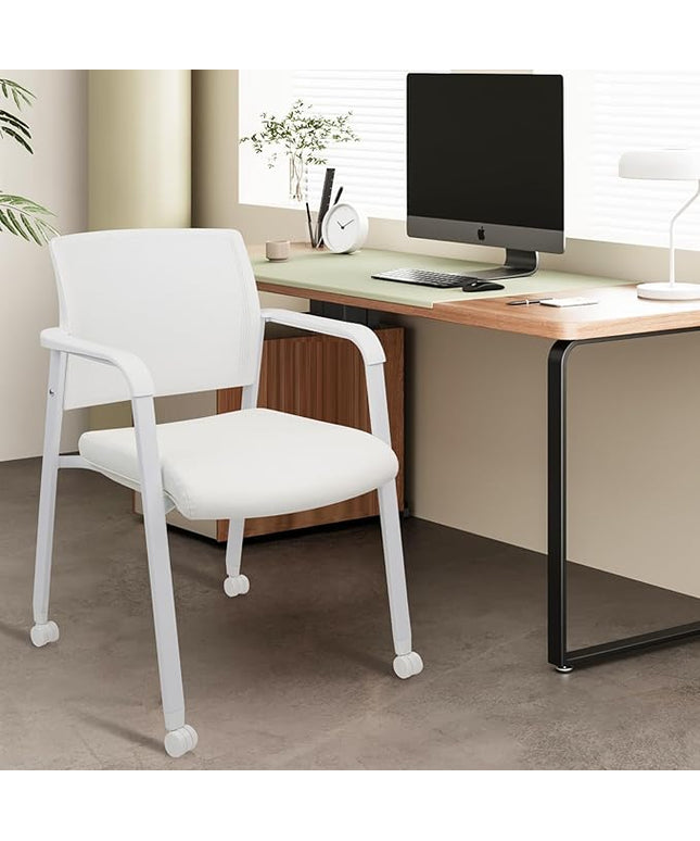 CLATINA Stacking Office Chairs with Wheels | Mesh Back, Thicken Leather Seat and Streamline Armrests, Ergonomic Lumber Support | School, Desk, Guest Reception, Waiting, Conference, White