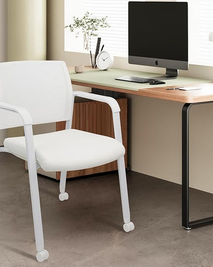 CLATINA Stacking Office Chairs | Mesh Back, Thicken Leather Seat and Arms, Ergonomic Lumber Support | Guest Reception, Waiting, Conference, School, Party, Customer, Side, Stationary | Set of 2, White