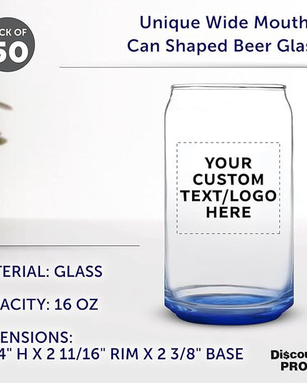 Custom Beer Can Glasses Set of 50, 16 oz. Pint Sized, Promotional Text, Logo, Soda Can Shape, Glassware, Blue