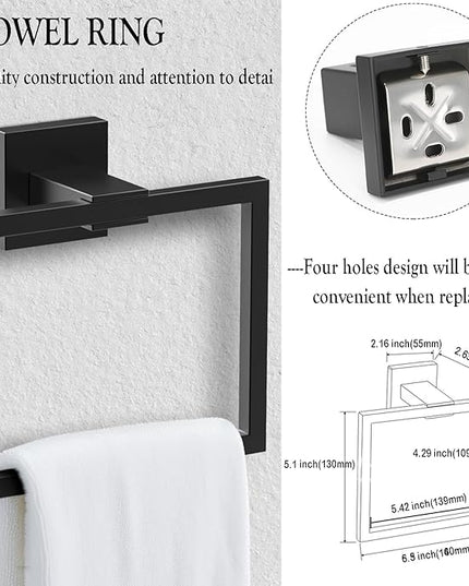 BOZWELL 5 Pieces Matte Black Bathroom Hardware Accessories Set Square Towel Racks for Bathroom 23.6 inch Stainless Steel Towel Bar Set Wall Mounted