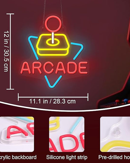 Arcade Neon Signs for Wall Decor, Gaming Gamer Neon Lights for Bedroom, Neon Business Signs Suitable for Man Cave Bar Pub Restaurant Christmas Gift Art - 5V USB Power with Hanging Chain Hooks
