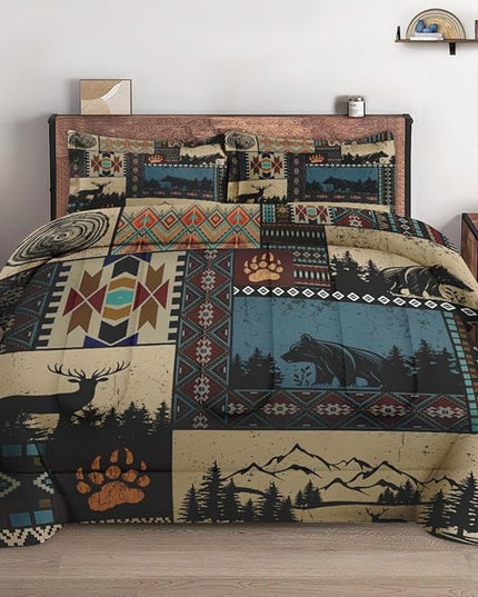Full Size Comforter Set with 2 Pillowcases, Deer Bear Wildlife 3 Pcs Bedding for Kids and Adults, Black Brown Country Soft Comforter Set for Bedroom Bed Decor