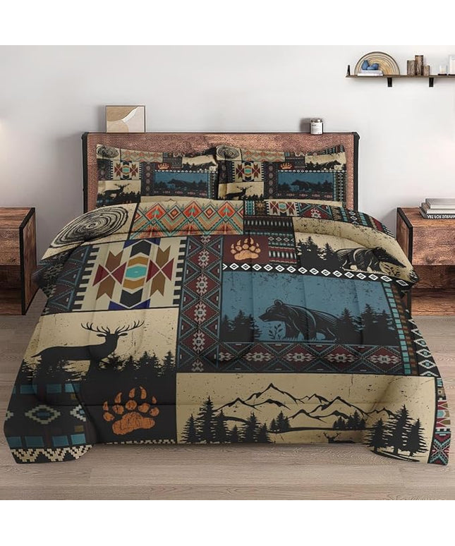 Twin Size Comforter Set with Pillowcase, Deer Bear Wildlife 2 Pcs Bedding for Kids and Adults, Black Brown Country Soft Comforter Set for Bedroom Bed Decor