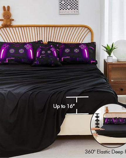 PERFEMET 6 Pieces Gamer Comforter Sets Twin Size Purple Game Console Boys Bed in A Bag 3D Cool Black Gaming Bedding Set for Kids Teen Lightweight Gamepad Bedroom Set(Purple, Twin)