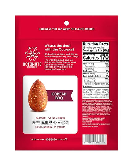 Octonuts Dry Roasted Korean BBQ Almonds – 16oz Resealable Bag - Healthy Snack for Adults and Kids - Plant Protein with Fiber, Calcium & Iron - Low Carb, Low Calorie - Non-GMO, Gluten Free Snacks