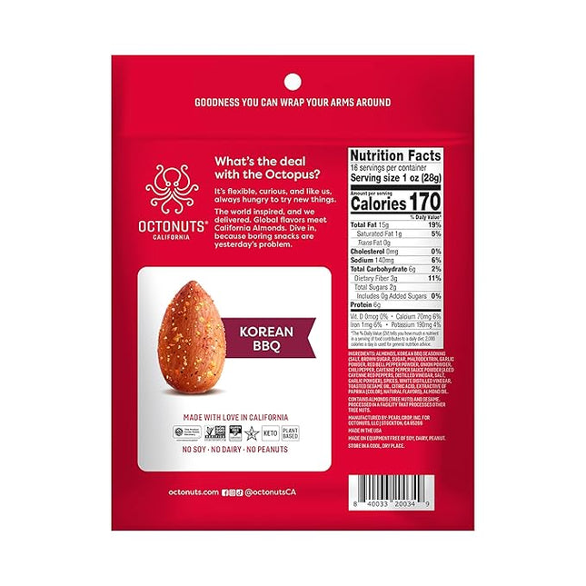 Octonuts Dry Roasted Korean BBQ Almonds – 16oz Resealable Bag - Healthy Snack for Adults and Kids - Plant Protein with Fiber, Calcium & Iron - Low Carb, Low Calorie - Non-GMO, Gluten Free Snacks