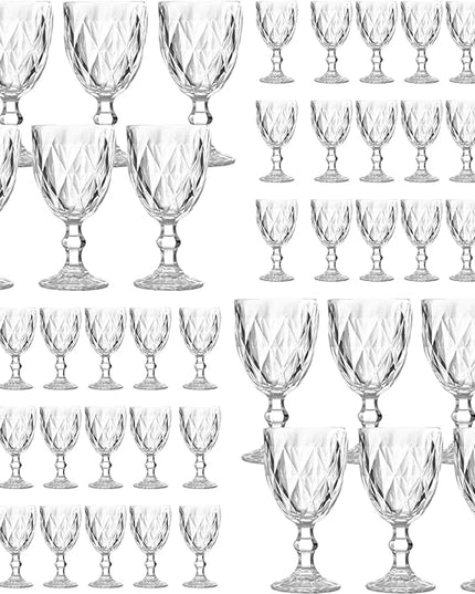 48 Pack Vintage Wine Glasses, Plastic Reusable 12 Ounce Colored Water Goblets, Unique Embossed Pattern Unbreakable Stemmed Wine Glasses High Clear Wedding Party Bar Drinking Cups Clear