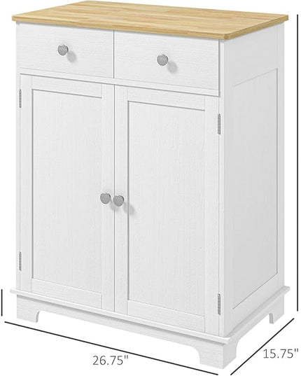 HOMCOM Sideboard with Solid Wood Countertop, Modern Kitchen Storage Cabinet, Coffee Bar Cabinet with 2 Drawers, Doors and Adjustable Shelf, Distressed White