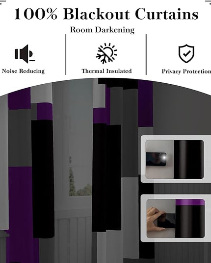 Purple 100% Blackout Curtains for Bedroom 45 inch Length 2 Panels Set Grey Modern Abstract Geometric Black Out Curtains Insulated Room Darkening Window Drapes for Living Room, 52Wx45L