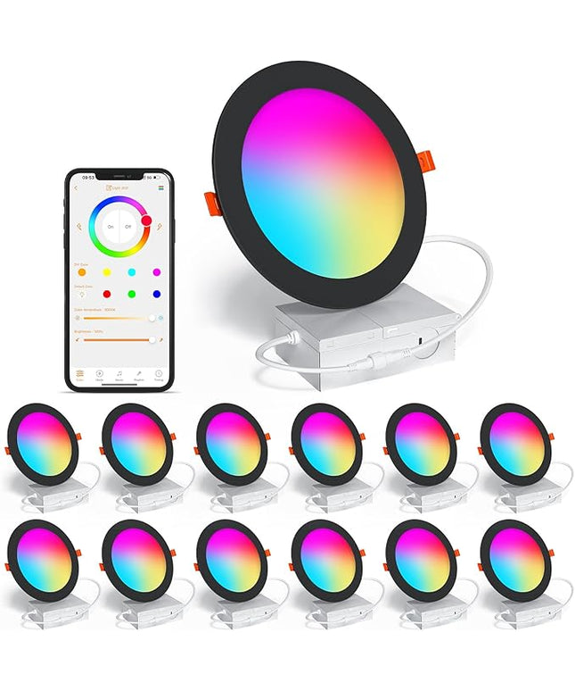 Black Smart Recessed Lighting 6 Inch RGBCW Color Changing 16W LED Downlight with Junction Box,1350 Lumen Recessed Ceiling Light Compatible with Alexa,Dimmable by Bluetooth Control -12Pack