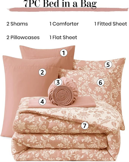 Queen Comforter Set -7 Pieces Clay Pink Floral Comforter Set for All Seasons, Bed in a Bag Queen with Botanical Flowers Comforter, Sheets, Pillowcases & Shams
