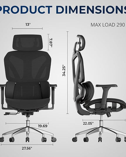 Ergonomic Office Chair – Mesh Office Chair with Headrest, Adjustable Armrest and Lumbar Support – Holds Up to 290lbs (GPP-MAX-90)