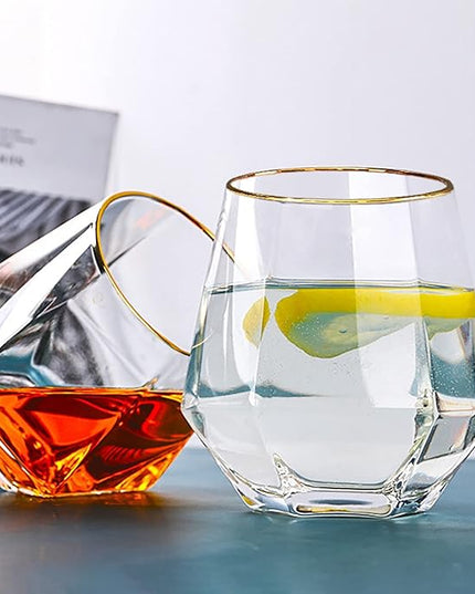 Diamond Wine Glass Set of 2, Modern Stemless Golden Edge Glass Cups Drinking Glassware for Serving Party,Home,Bar, Restaurants Transparent