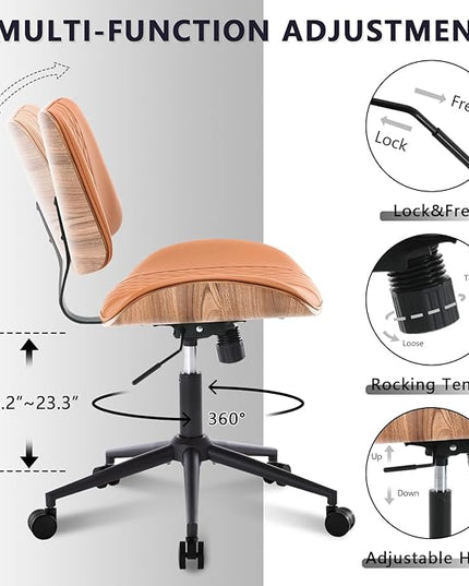 Home Office Chair No Arms with Wheels, Adjustable Height PU Leather Mid Back, 360 Swivel Computer Small Desk Chair, Armless Modern Walnut Style for Office, Reading Meeting Room(Brown)