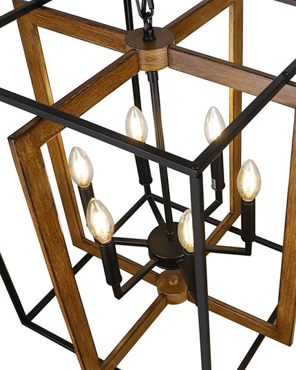 6-Light Rustic Farmhouse Chandelier for Dining Room, 20.6'' Modern Farmhouse Faux Wood Black Chandeliers, Adjustable Metal Lantern Hanging Light Fixture for Foyer, Kitchen, Entryway, Hallway