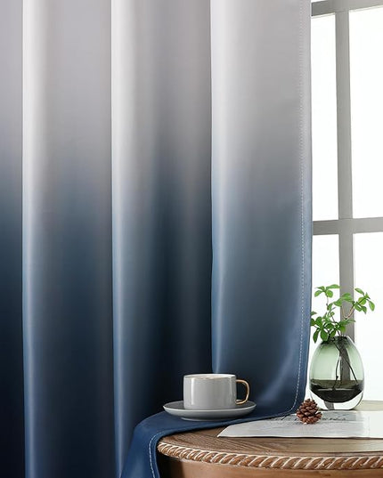 Estelar Textiler Navy Blue and Greyish White Ombre Blackout Curtains for Living Room, Energy Efficient Room Darkening Drapes, Grommet Thermal Insulated Window Treatments for Bedroom,52Wx72L (2 Panels)