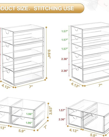 Makeup Organizer Storage with 16 Drawers, 4 Pcs Desktop Office Supplies, Desk Organizers, Clear Accessories, Dustproof Storage Drawer and for Make Up, Jewelry, Pen, Stationary
