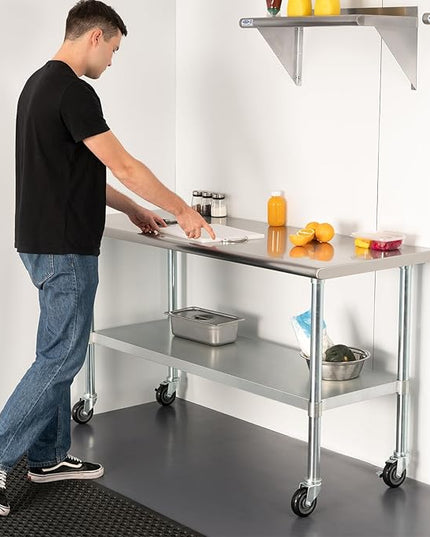 HARDURA Stainless Steel Table with Wheels 30 x 60 Inches Casters NSF Heavy Duty Commercial Work & Prep Table with Undershelf and Galvanized Legs for Restaurant Kitchen Bar and Hotel Garage