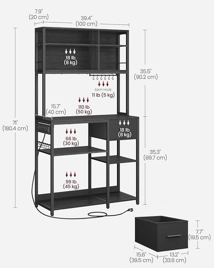 VASAGLE Bakers Rack with Charging Station, Coffee Bar, 15.7 x 39.4 x 71 Inches, Kitchen Microwave Stand, Adjustable Storage Shelves, Fabric Drawer, 12 Hooks, Charcoal Gray and Ink Black UKKS027B01