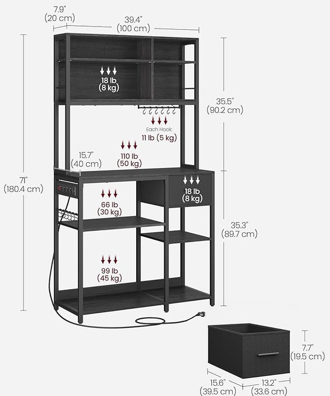 VASAGLE Bakers Rack with Charging Station, Coffee Bar, 15.7 x 39.4 x 71 Inches, Kitchen Microwave Stand, Adjustable Storage Shelves, Fabric Drawer, 12 Hooks, Charcoal Gray and Ink Black UKKS027B01