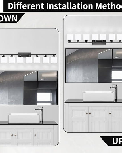 8 Light Black Bathroom Light Fixtures Over Mirror for Big Mirror, Modern Bathroom Lighting with Milky White Frosted Glass Shades,51 inch Lights for Vanity for Mirrors, E26
