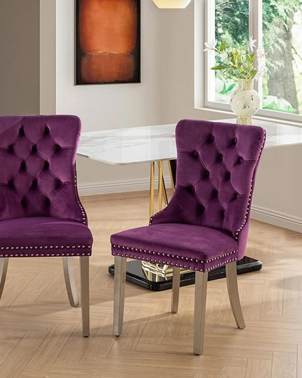 SoarFlash Velvet Dining Chairs Set of 2, Tall Back Side Chair, Modern Upholstered Side Chair with Button Back Ring, Silver Plated Stainless Steel Legs (Purple)
