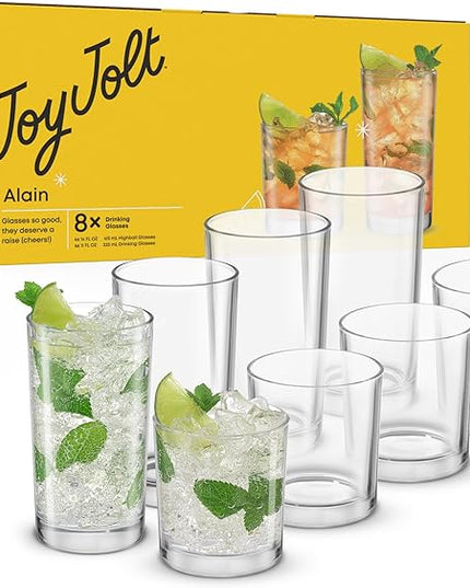 JoyJolt Alain Drinking Glasses Set of 8 Glass Tumblers. Highball 14oz Bar Glasses and Lowball 10oz Rocks Glasses Set. Cocktail, Juice, Whiskey Glasses or Water Glasses. Kitchen or Bar Glassware Set