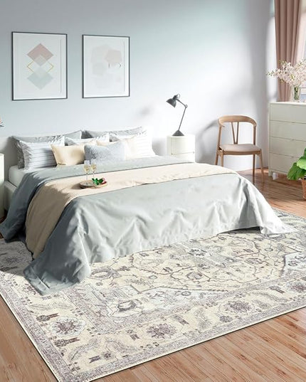 GLN Rugs Bohemian Collection - Machine Washable Area Rug, Bohemian Vintage, Non Slip, Low Pile Chenille Rug, Living Room, Bedroom, Bathroom Rug (6'x9' Beige and Gray)