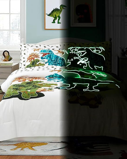 Full Size Comforter Set for Boys-7 Pieces Dinosaur Glow in The Dark Full Bedding Sets for Kids, Ultra Soft Bed in A Bag with Sheets