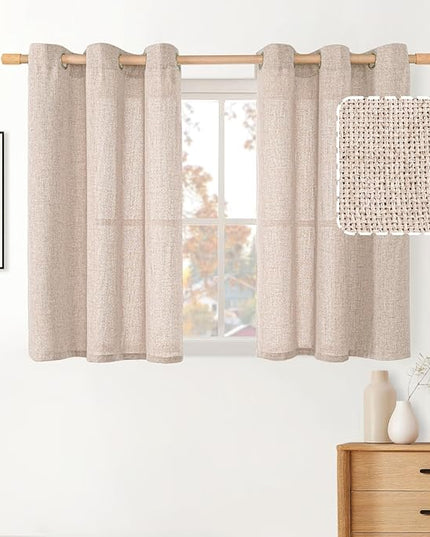 BGment 30 Inch Short Curtains for Small Window, Light Filtering Linen Burlap Textured Window Treatments Grommet Sheer Drapes for Kitchen Cafe, 2 Panels, Taupe, 42 X 30 Inch