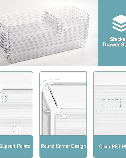 12 Pack Large Clear Plastic Drawer Organizer Trays, Desk Drawer Organizers and Storage Dividers, Non-Slip Storage Bins for Jewelry, Snacks, Office, Bathroom, Bedroom and Kitchen