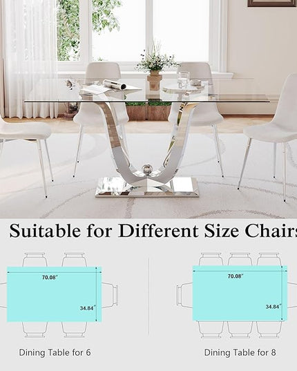 70" Rectangular Glass Dining Table for 4-6, Modern Kitchen Table for 6, U Shape Stainless Steel Base, Silver and Glass Dining Room Table for 6