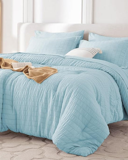 MUXHOMO 7 Pieces King Comforter Set, Seersucker Bed in a Bag King Size, All Season Luxury Bedding Set with Comforter, Flat Sheet, Fitted Sheet, Pillowcases & Shams, Lake Blue