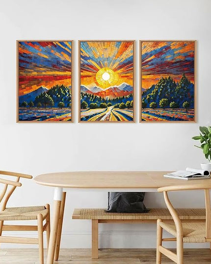 HOURIA Large Natural Mountain Forest Framed Canvas Wall Art Set,Wilderness Sunrise Wall Decor,Boho Pine Tree Square Ridge Artwork,Modern Field Art Print for Living Room, Office, Farmhouse- 16"x24"x3