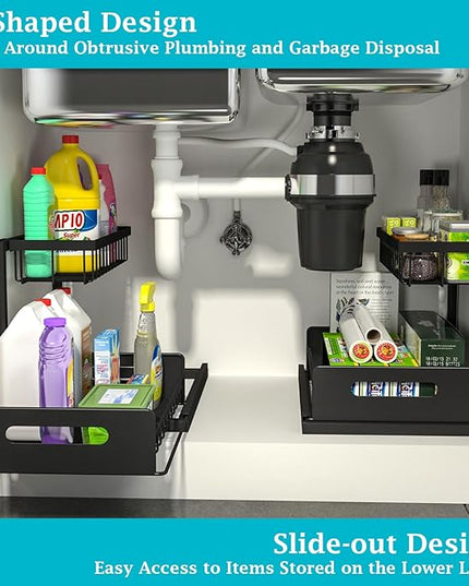 REALINN Under Sink Organizer, Pull Out Cabinet Storage 2 Tier Slide Out Sink Shelf, Kitchen Organizers and Storage, Black, 1 Pack