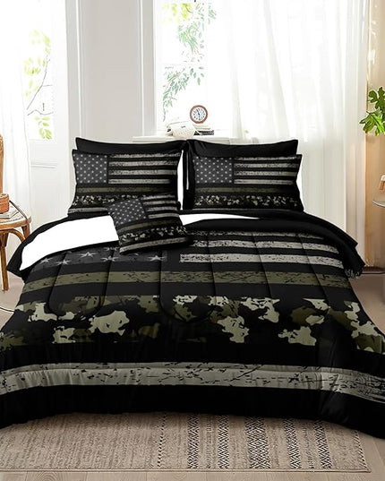 Bedbay American Flag Comforter Set Queen Size Bed in a Bag Teen Boys USA Stars and Stripes Flag Camo Comforter Set 8 Pcs Queen Bed Set Soft Microfiber Camouflage Bedding(Camo,Queen)