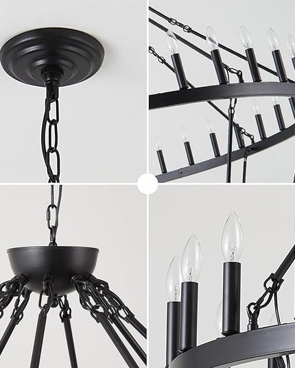 Wagon Wheel Chandelier Farmhouse 2 Tier 64-Light 70-Inch, Black Industrial Chandelier Rustic Candle Pendant Light Fixture Extra Large for High Ceilings, Dining Room, Living Room, Foyer, E12